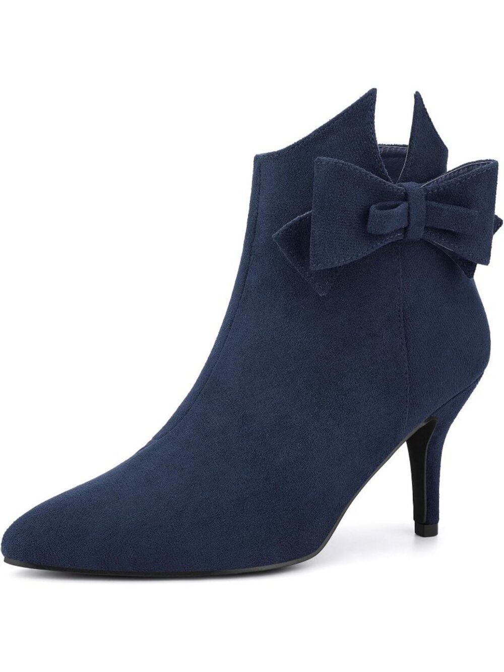 Women's Navy Blue 3-inch Heel Point Toe Bow Stiletto Heel Ankle Boots Side Zip